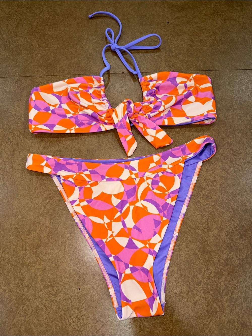 Show Me Your MuMu Orange Purple Geometric Tie-Front Bikini • 2 piece set • M